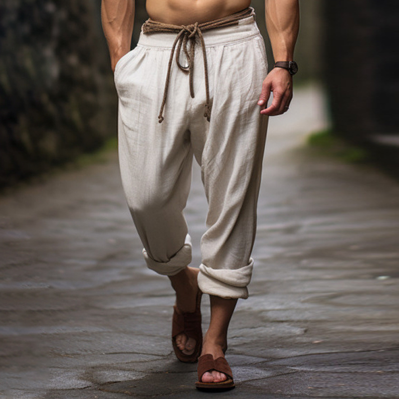 Men's Beige Linen Drawstring Straight Pants