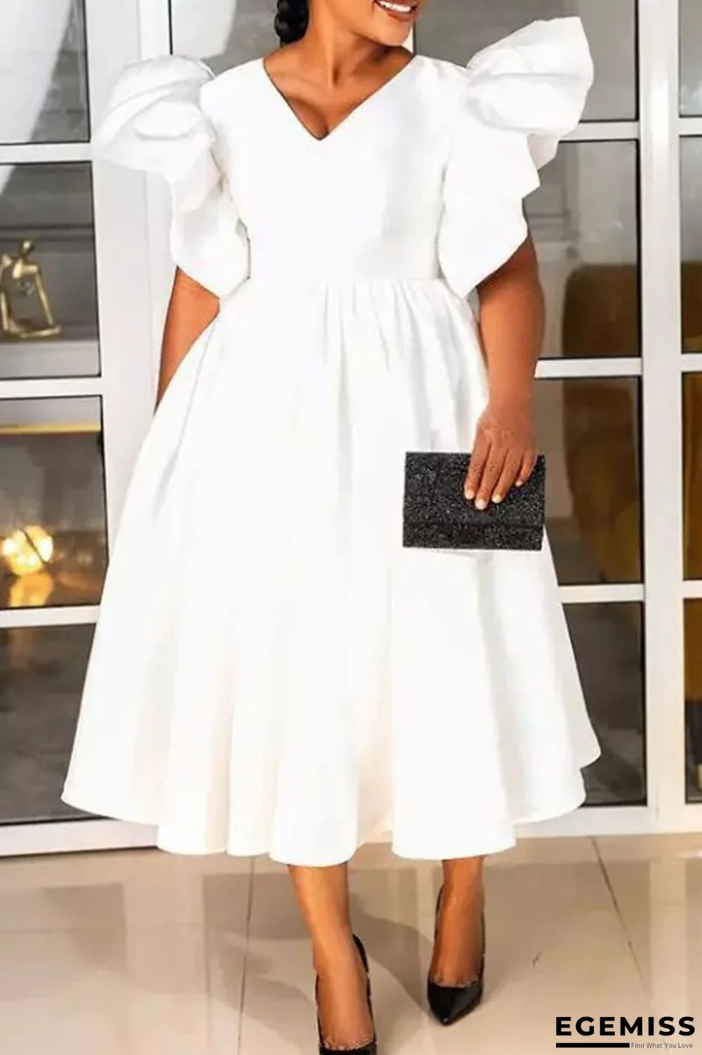 White Elegant Solid Patchwork Flounce V Neck Evening Dress Dresses | EGEMISS