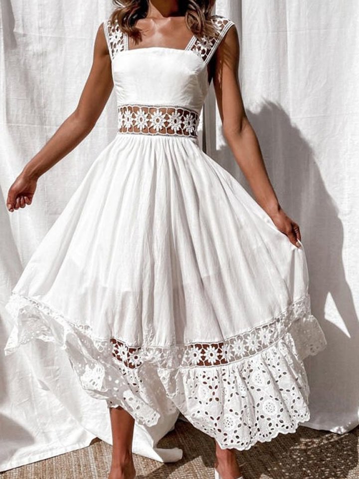 Fashion Lace Sleeveless Stitching Long Skirt Dress White Dresses | EGEMISS