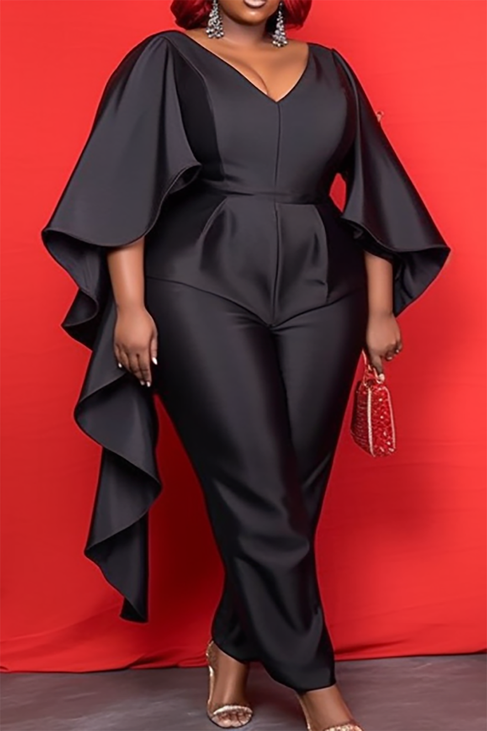 Design Plus Size Formal Jumpsuits Elegant Black V Neck Flare 3/4 Sleeve Satin Jumpsuits