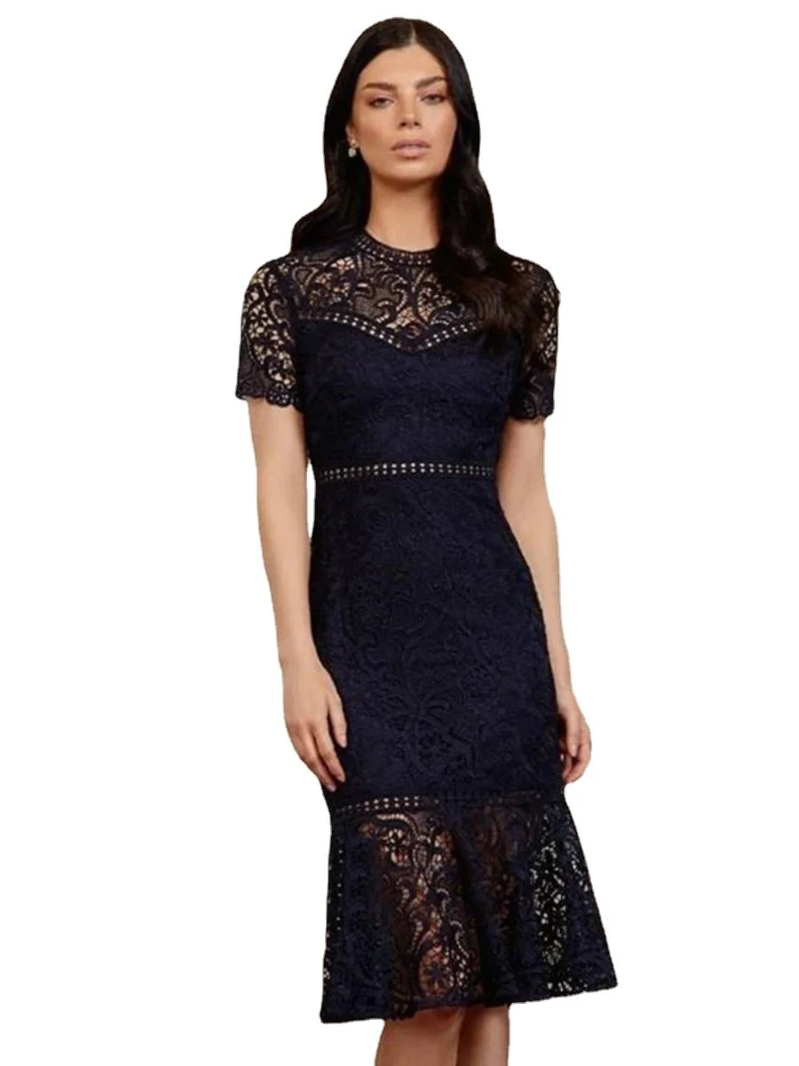 Women's Lace Dress Floral O-Neck Backless Black Swing Party Dress