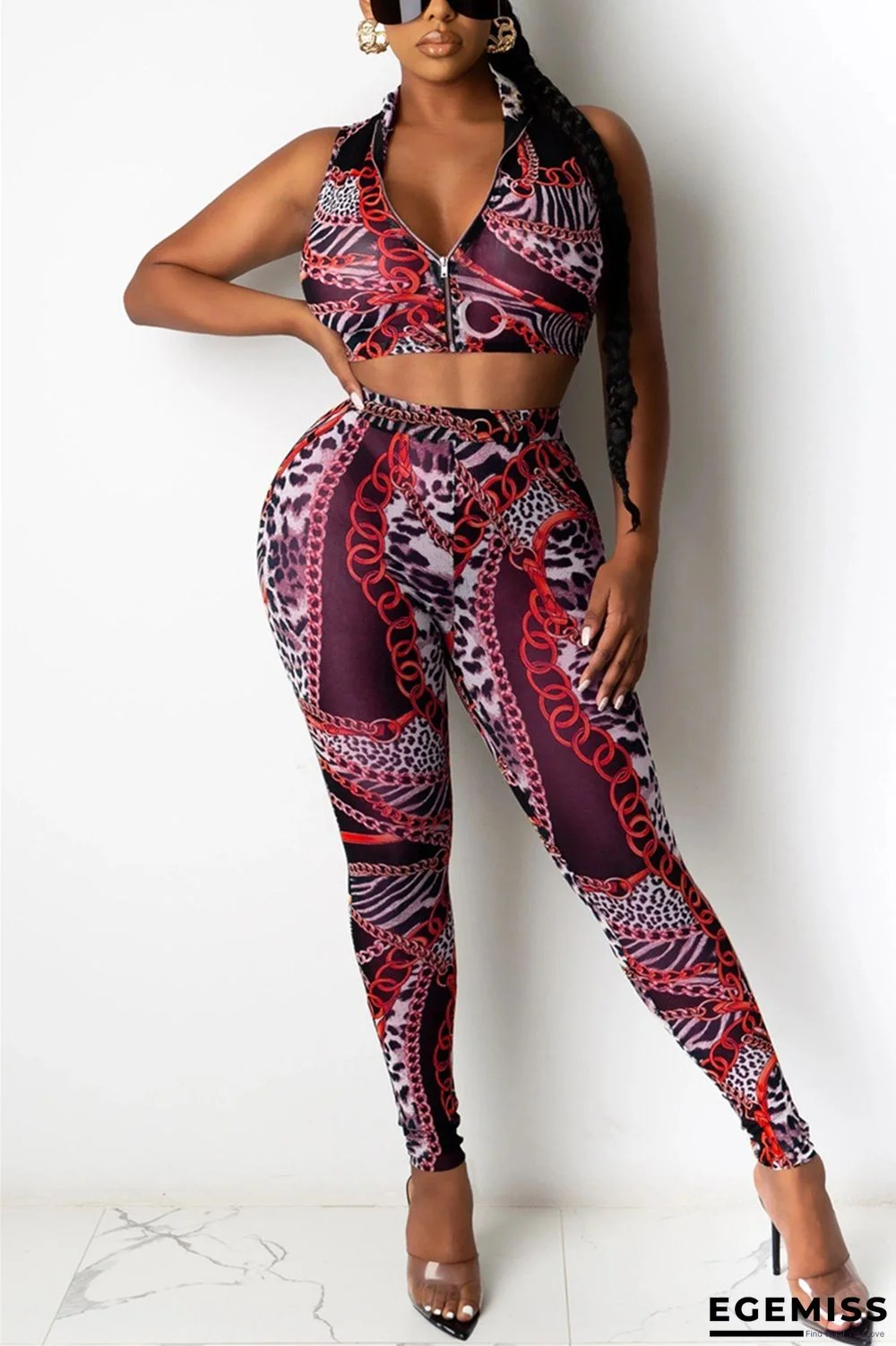 Red Sexy Letter Print Zippered pencil Sleeveless Two Pieces | EGEMISS