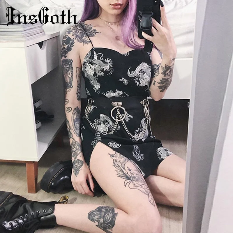 InsGoth Dragon Print Vintage Dress Gothic Harajuku Sexy Slim Tight Mini Women Dress Summer Streetwear Sleeveless Short Dress