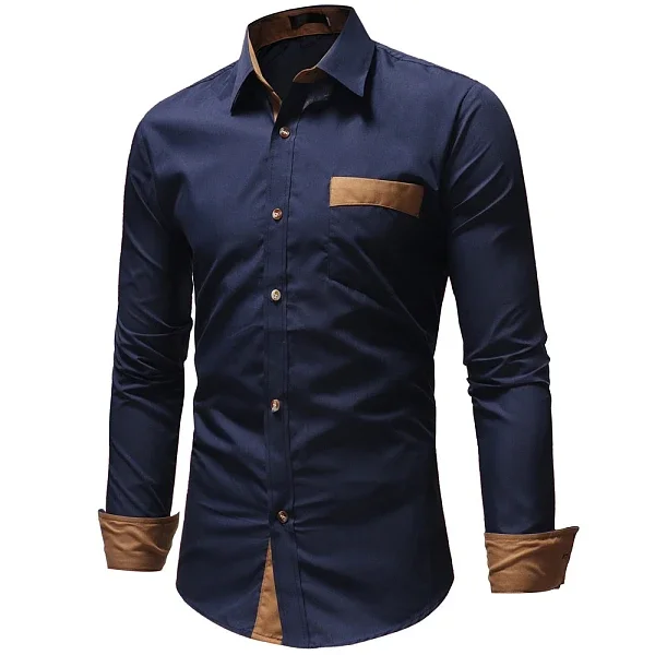 Men's Color Block Slim Long-Sleeves Business Shirts
