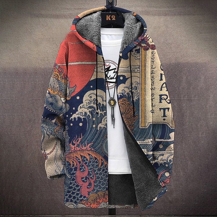 Japanese Ocean Art Print Zip Comfort Plush Hooded Coat