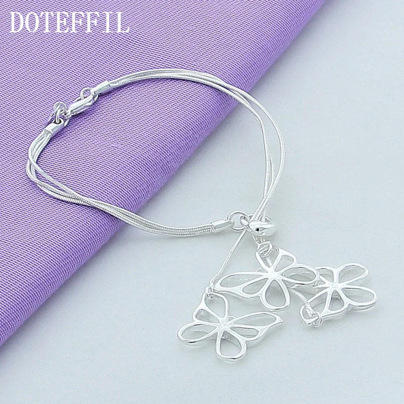 DOTEFFIL 925 Sterling Silver Three Butterfly Snake Chain Bracelet For Woman Jewelry