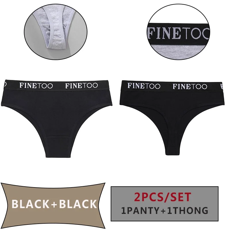 FINETOO 2PCS/Set Women Cotton Panties Sexy Letter Underwear Panty Thong Low Waisted 1Panty+1G-string Brief Tanga Lingerie Femme