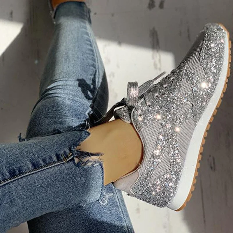 Women Flat Glitter Sneakers Casual Bling Vulcanized Shoes Female Mesh Lace Up Platform Comfort Plus Size Fashion Ladies Autumn