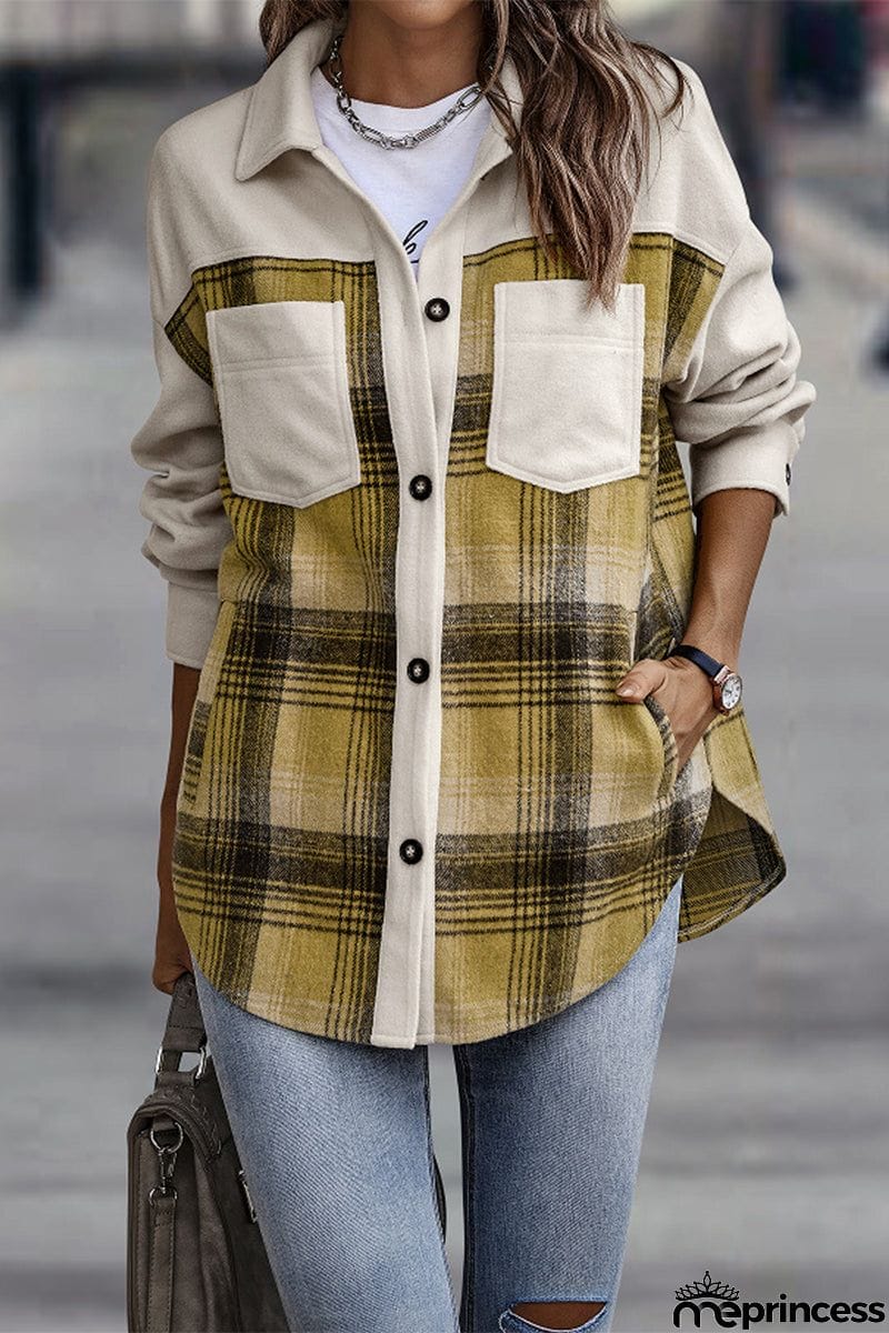 Street Plaid Patchwork Pocket Turndown Collar Blouses(3 Colors)