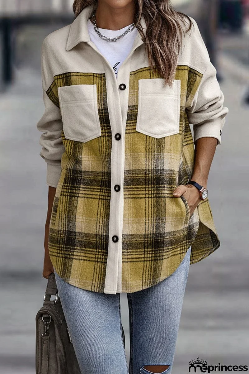 Street Plaid Patchwork Pocket Turndown Collar Blouses(3 Colors)