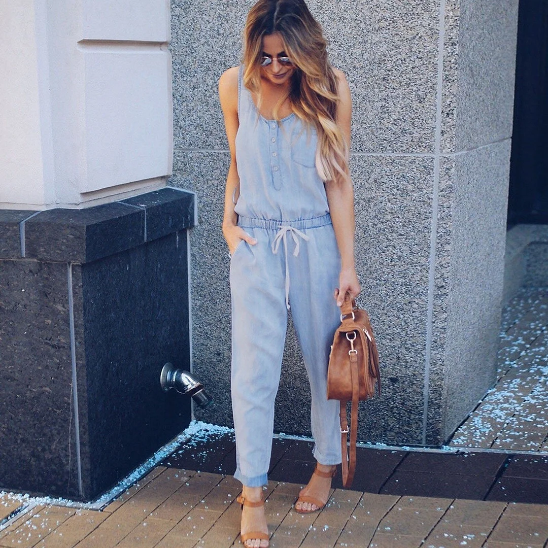 Women Summer Jumpsuit Fashion Holiday Drawstring Demin Famale Elastic Waist Strappy Pocket Long Playsuit Jeans Jumpsuits