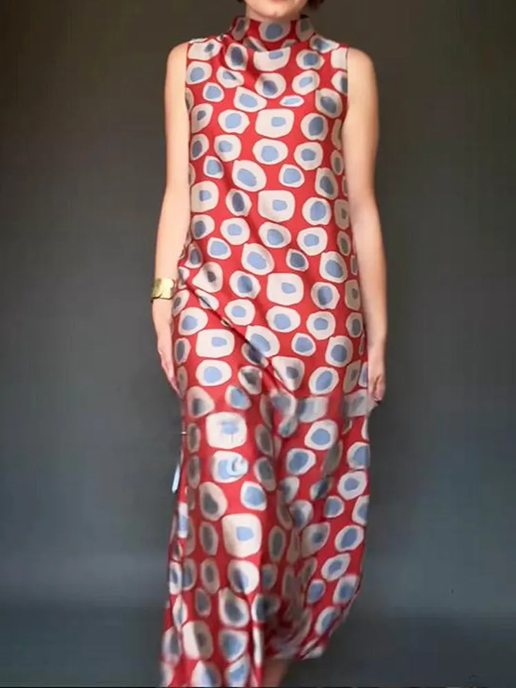Artistic Polka Dot Print Satin Maxi Dress