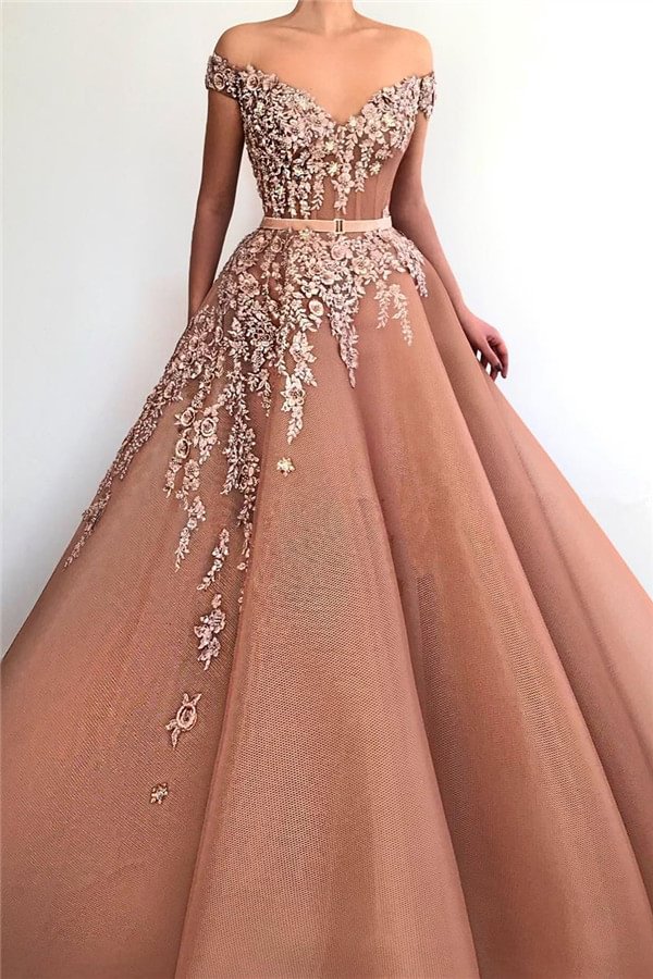 Off-The-Shoulder Elegant Appliques V-Neck Mermaid Prom Dress With Belt Ballbellas Ballbellas