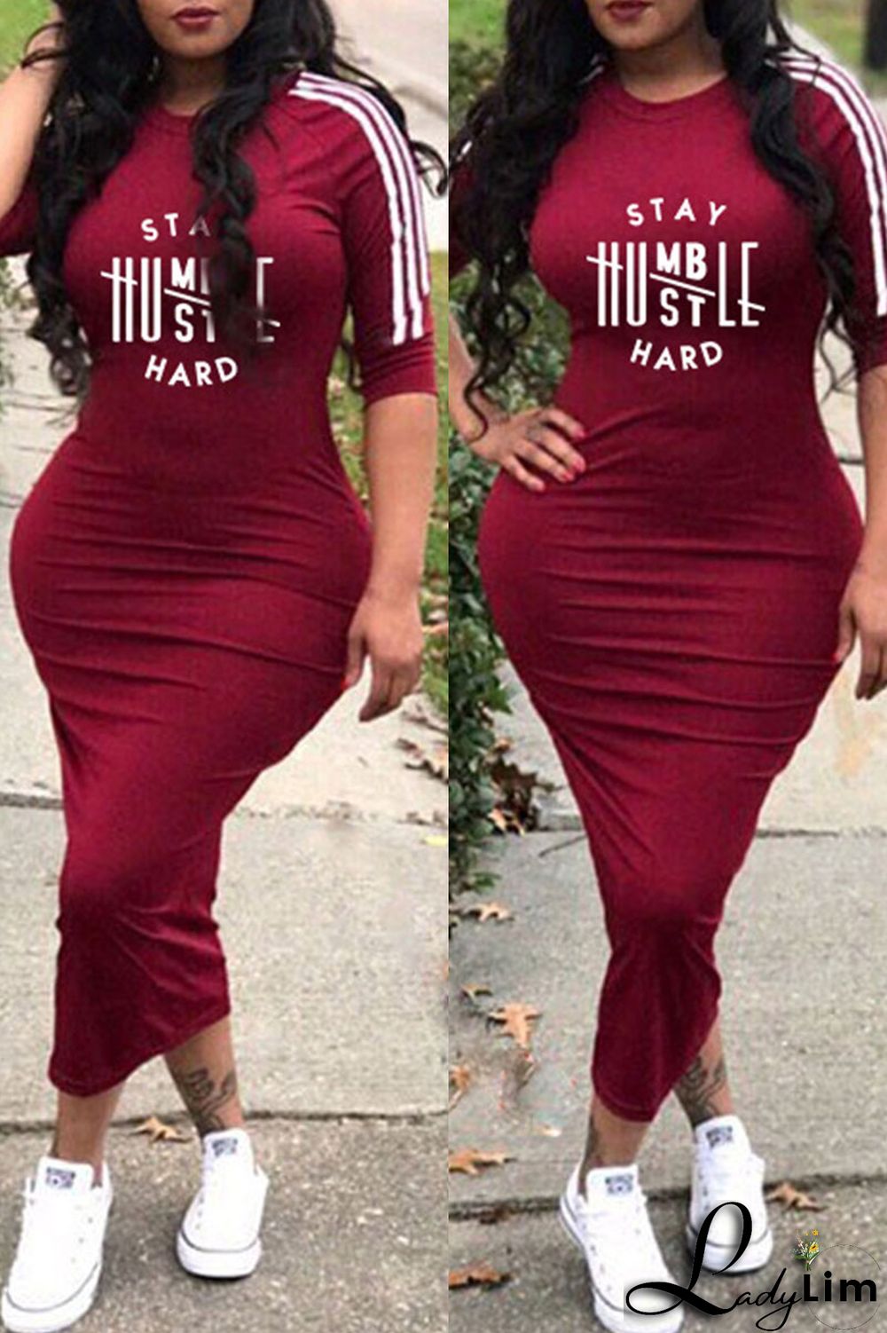 Deep Blue Fashion Casual Letter Print Split Joint O Neck Dresses