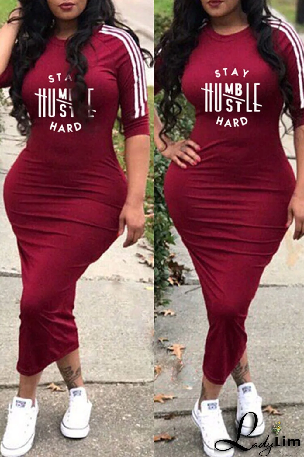 Deep Blue Fashion Casual Letter Print Split Joint O Neck Dresses