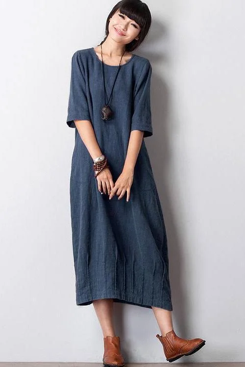 Vintage Loose Detachable Sleeve Cotton Linen Maxi Dresses For Women