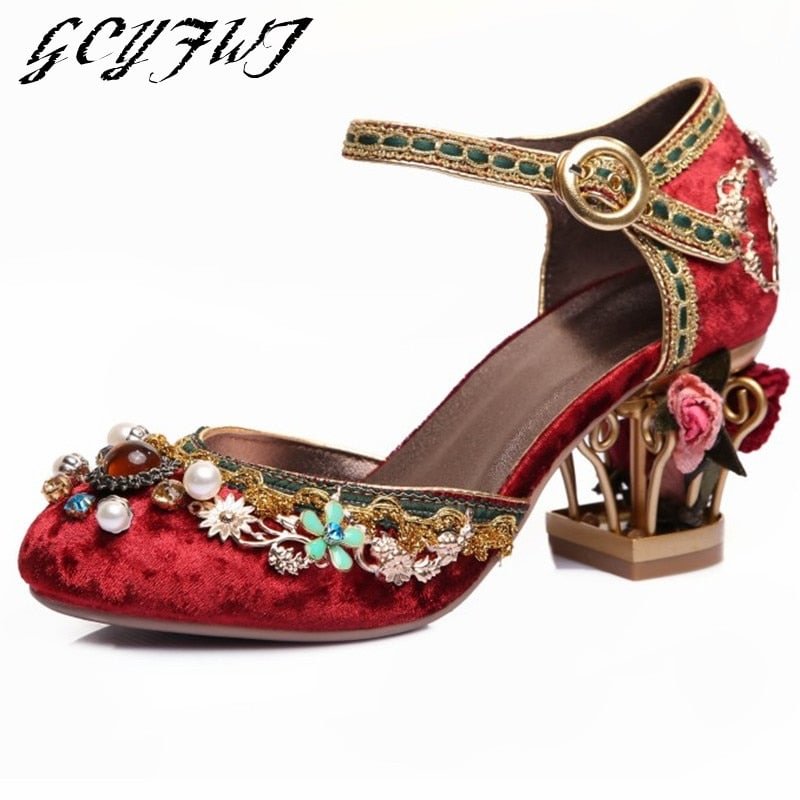 Women Sandals Vintage Hand-stitched Beaded Shaped Hollow Wedding High Heels Ladies Shoes Velvet Buckle Bird Cage Buty Damskie