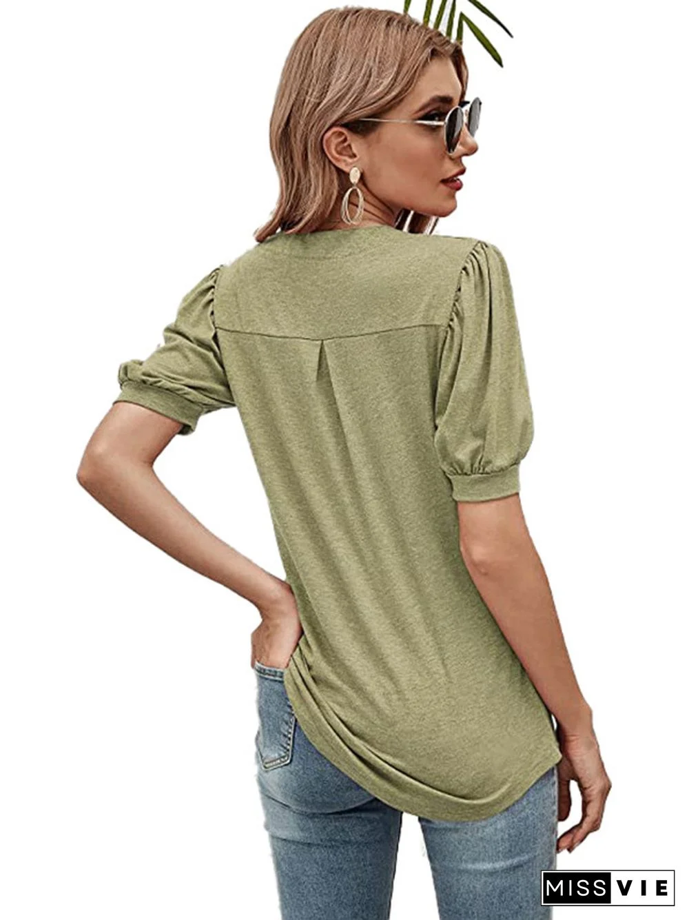 Simple Solid Color V-Neck Puff Sleeves T-Shirt Top