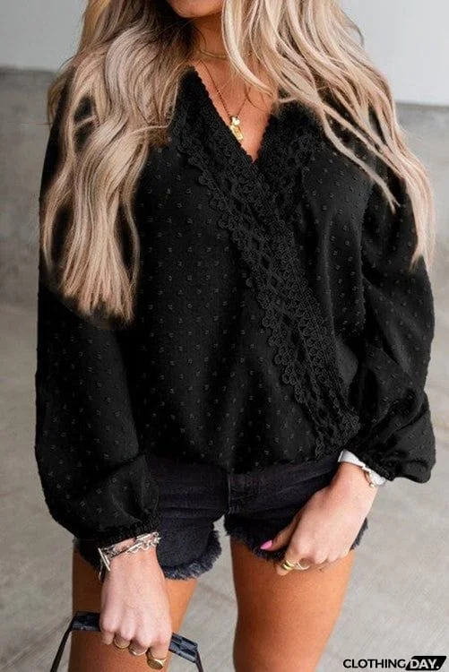 Dot Lace Trim Wrap Long Puff Sleeve Blouse
