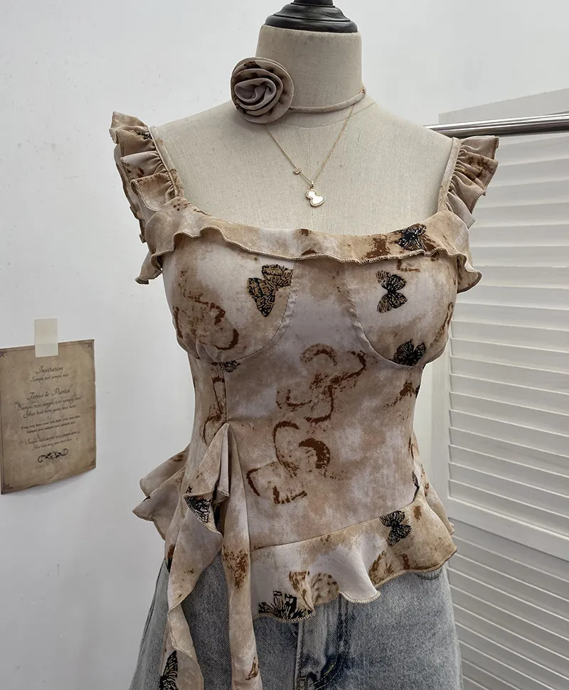 Churchf Real Shoot French Retro Irregular Lotus With Chest Cushions With Ribbon Sling Vest Summer Chiffon Top 9137