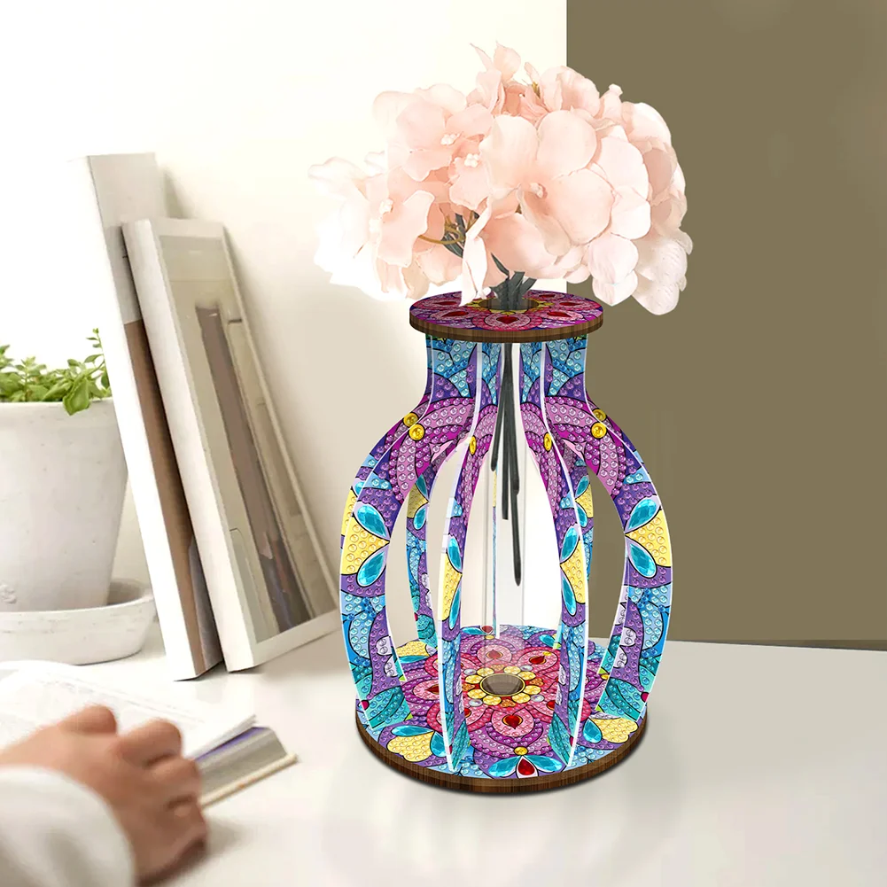 DIY Wood Mandala Diamond Painting Flower Vase Ornaments for Home Office Decor
