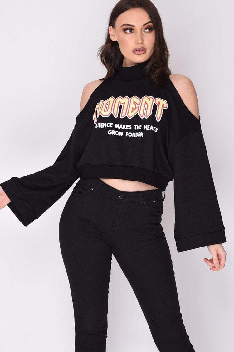 Black Cold Shoulder Graphic Crop Jumper Katch Me
