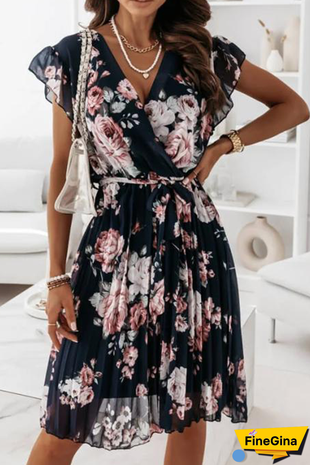 Casual Print Flounce V Neck Cake Skirt Dresses(4 colors)
