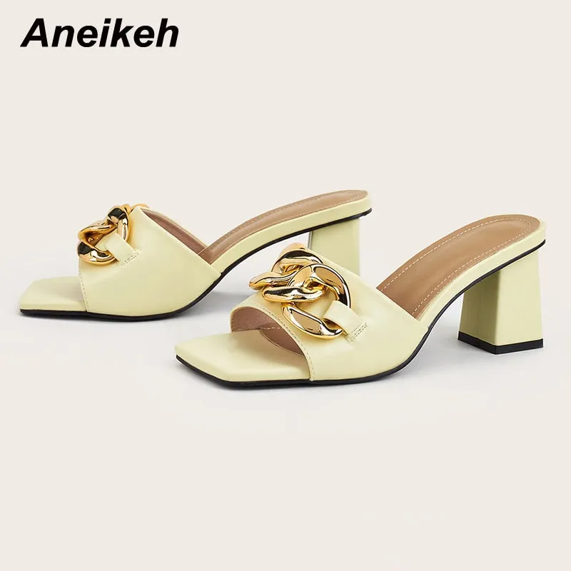 Aneikeh 2022 NEW Fashion PU Women Shoes Summer Square Heel Peep Toe Slipper Novelty Shallow Metal Decoration Patchwork Elegant