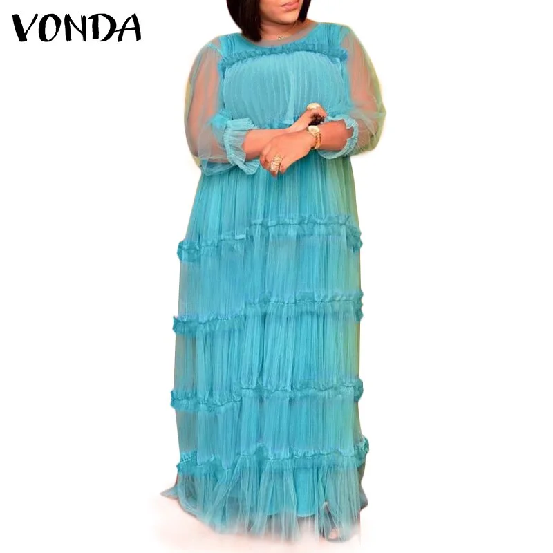 VONDA Women Pleated Dress Summer Sexy See Through Long Maxi Dresses  Holiday Party Dress With Two-piece Sets Femme Robe