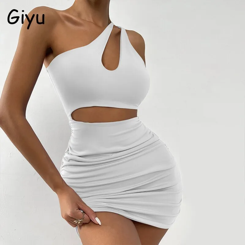 Uveng Sexy Bodycon Summer Dress Women 2022 Club Party Dresses Femme One Shoulder Backless Ruched Cut Out Mini Black White Vestido