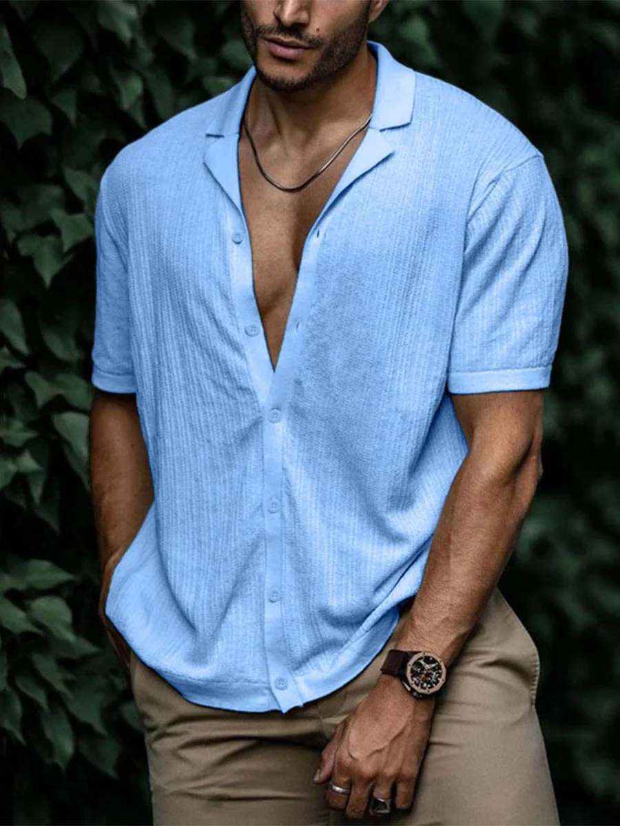Men's Fashion Blue Lapel Short-Sleeved Knitted Shirt
