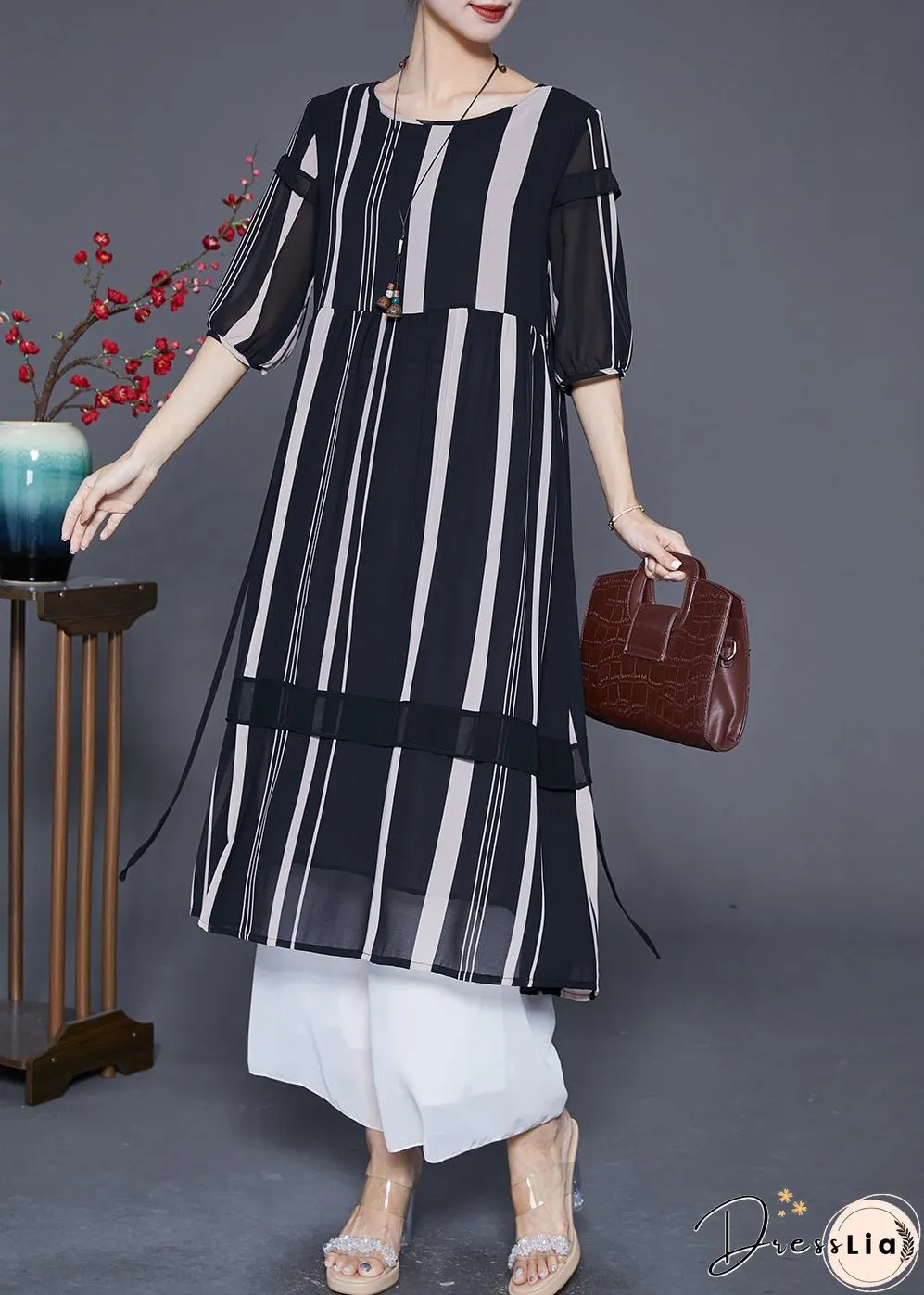 Modern Black Striped Patchwork Chiffon Maxi Dresses Half Sleeve