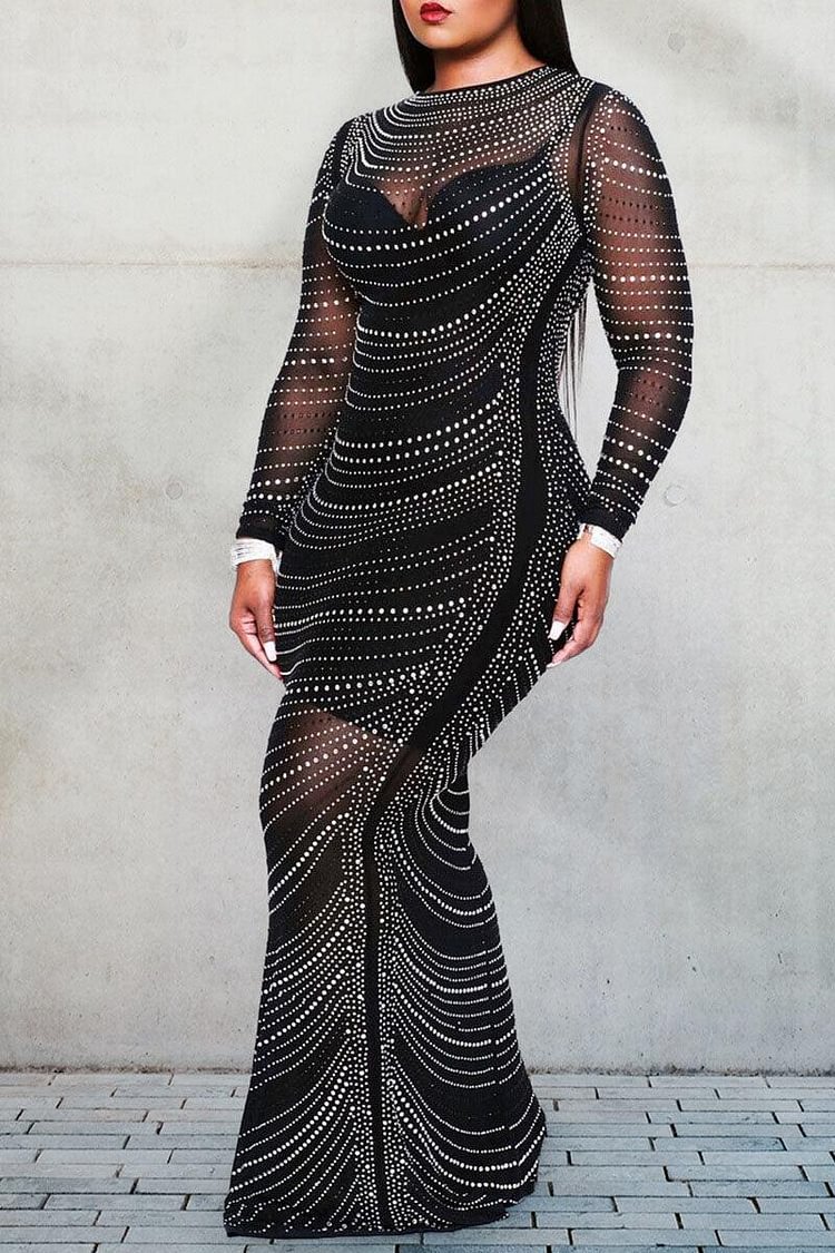 Xpluswear Plus Size Elegant Black See-through Long Sleeve Maxi Dress