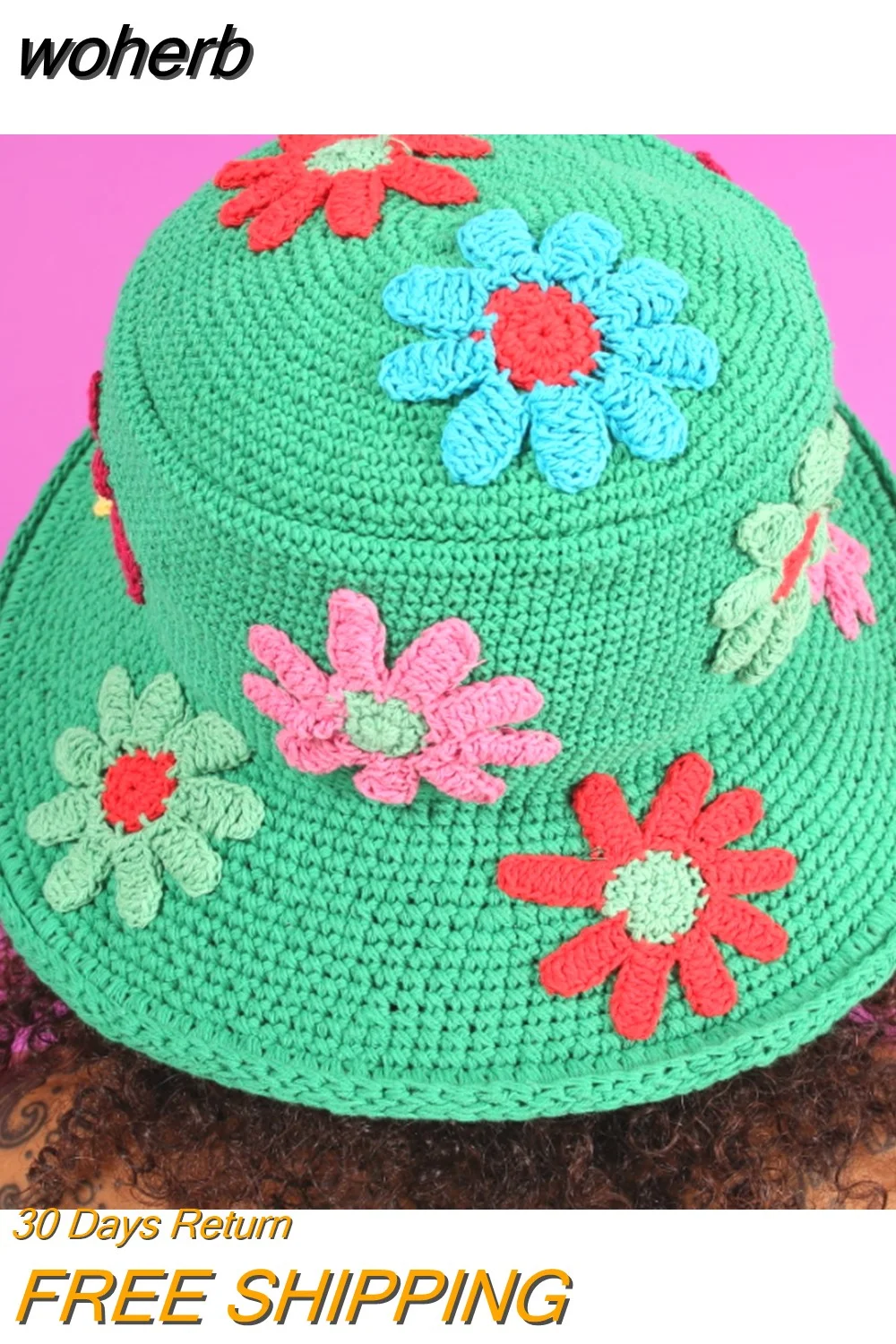 woherb y2k Knitted Bucket Hats Women Flower Pattern Wide Brim Outdoor Sun Protection Bucket Cap Photo Props Fisherman Hat