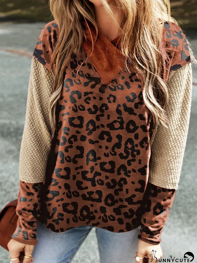 Leopard Print Knit Brown Hoodie with Textured Detail