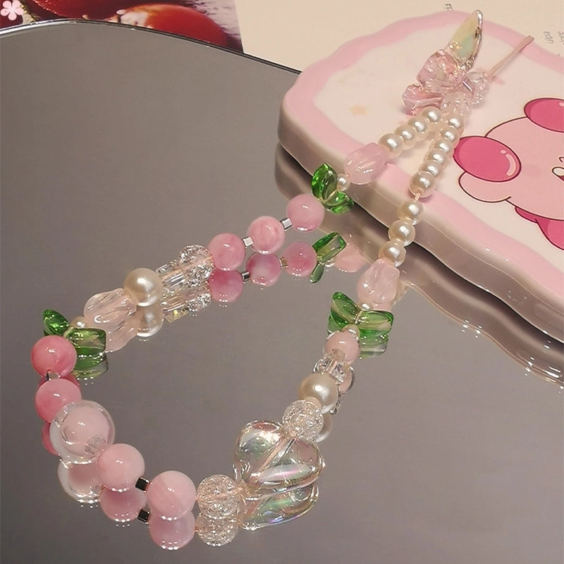 Sweet Minimalist Flower Butterfly Arylic Artificial Crystal Beaded Plating Mobile Phone Chain