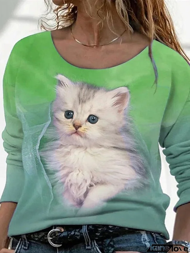 T shirt Tee Hoodie Sweatshirt Red Blue Purple Animal Cat Print Long Sleeve Daily Sports Streetwear Hoodie Crewneck Regular L for Women
