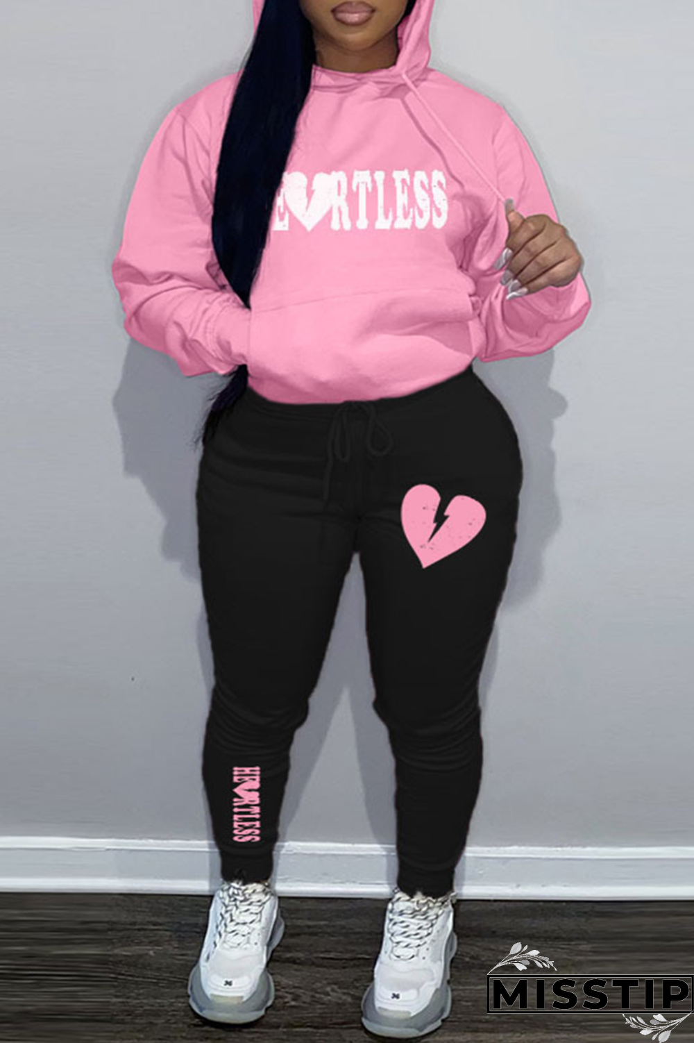 Light Pink Street Print Draw String Hooded Collar Plus Size Two Pieces