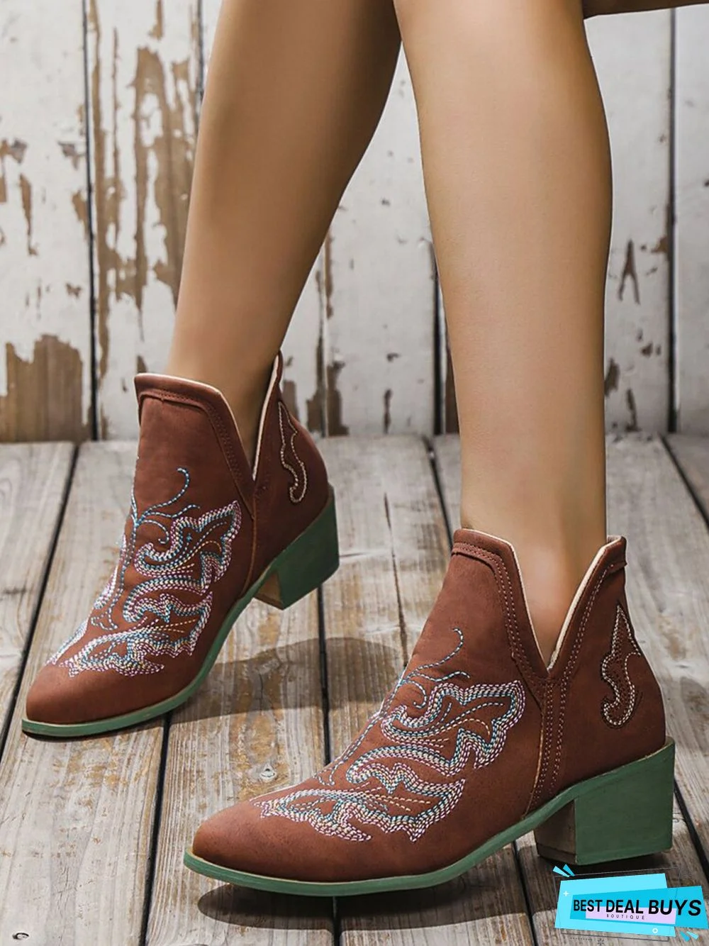 West Style Embroidered Detail Chunky Heeled Booties