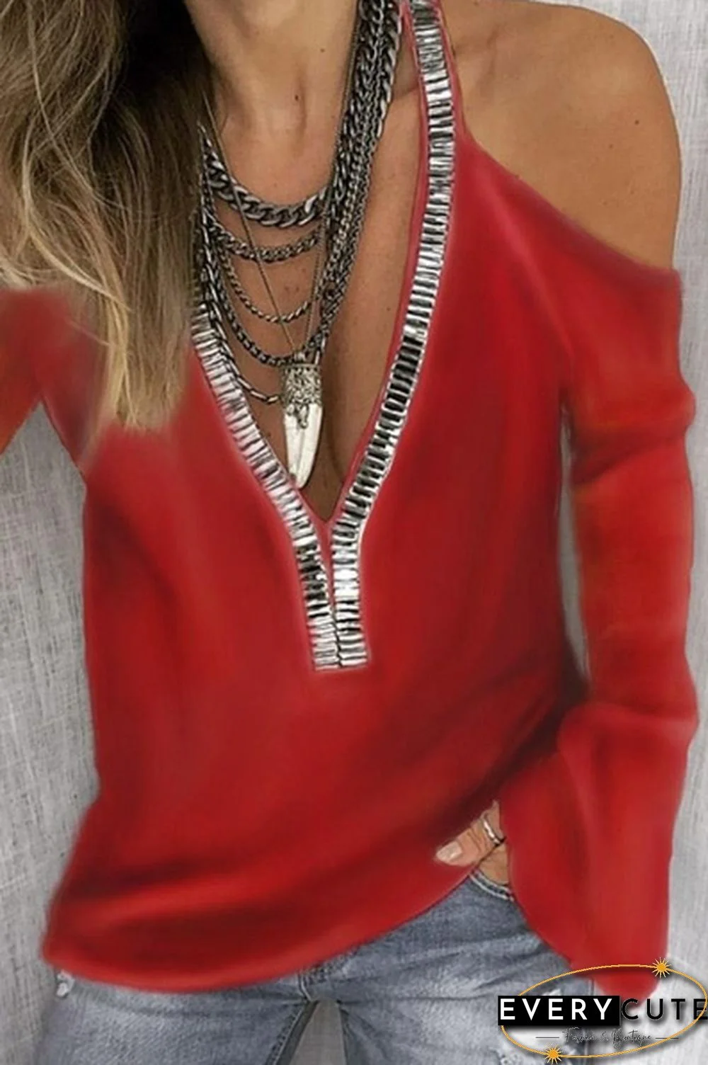 Plus Size S-5XL Autumn and Spring Women Fashion Blouse Casual Sequin Deep V-Neck Off Shoulder Long Sleeve Tops