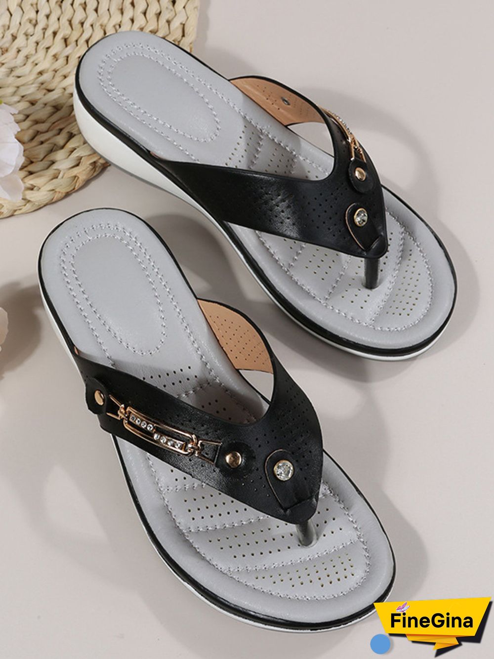 Metal Rhinestone Slope Heel Flip-Flops