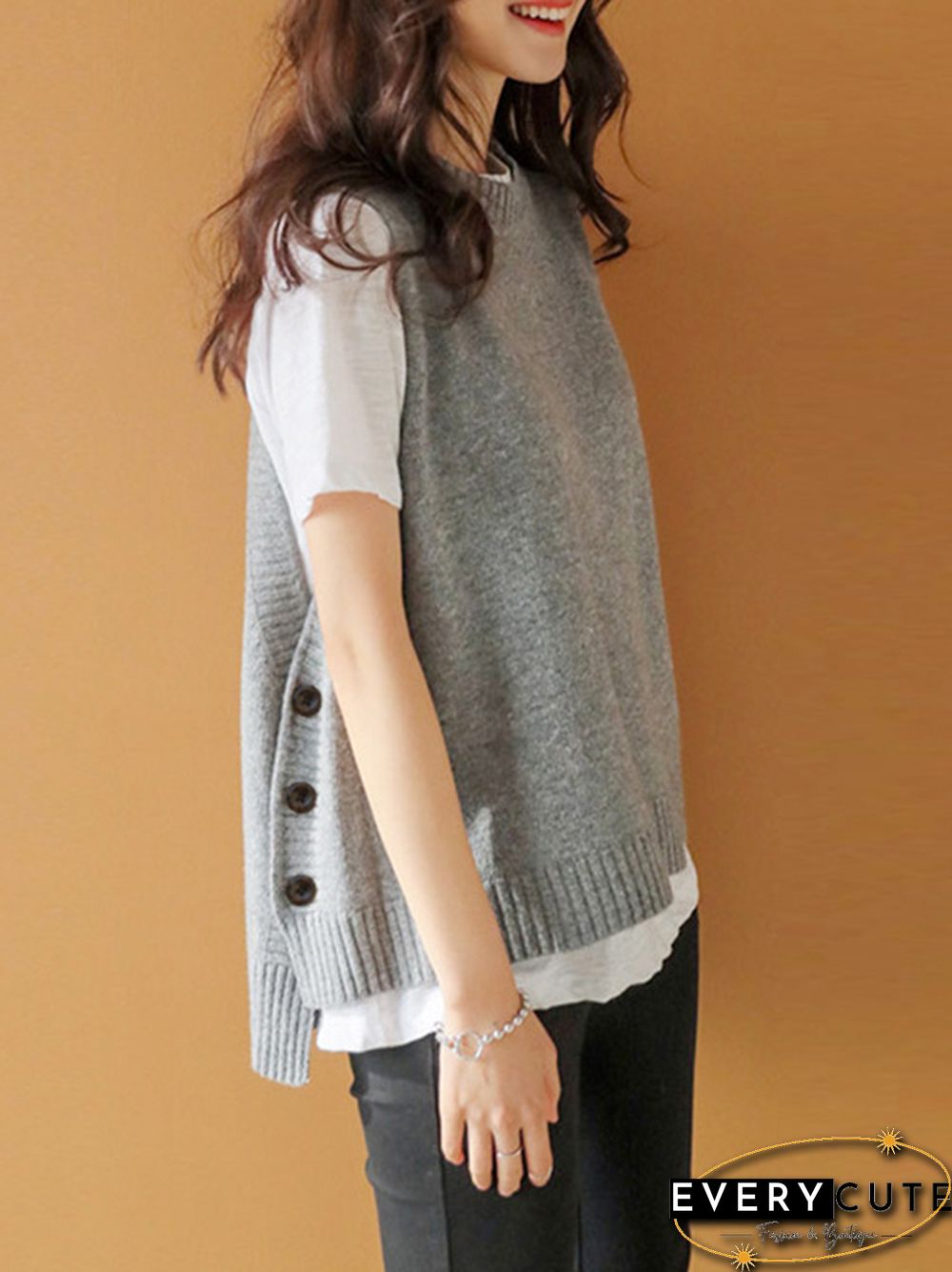 Simple Sleeveless Loose Buttoned Solid Color Round-Neck Sweater Vest Outerwear