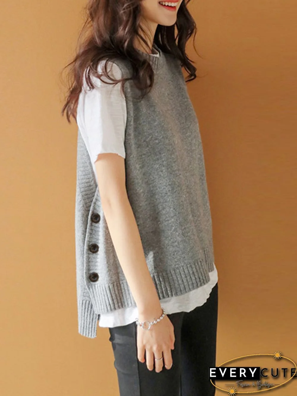 Simple Sleeveless Loose Buttoned Solid Color Round-Neck Sweater Vest Outerwear