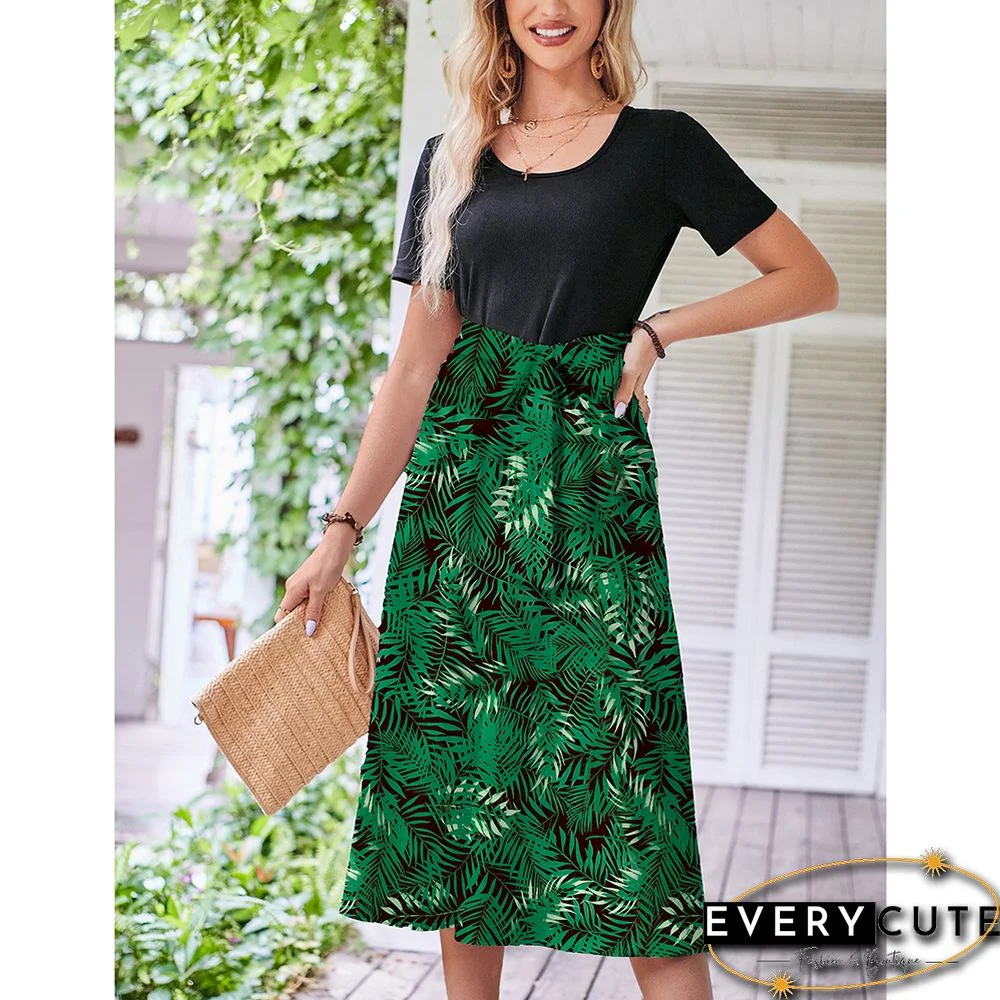 Dark Green Floral Print Spliced Short Sleeve Dress