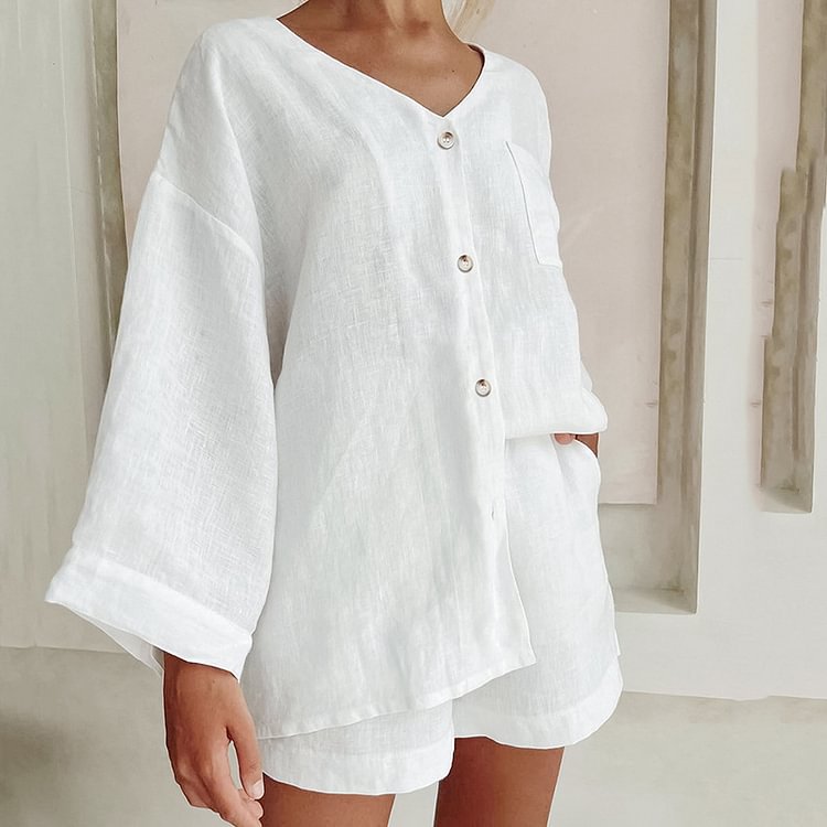 V Neck Cotton and Linen buttons Solid Color Two Piece Set