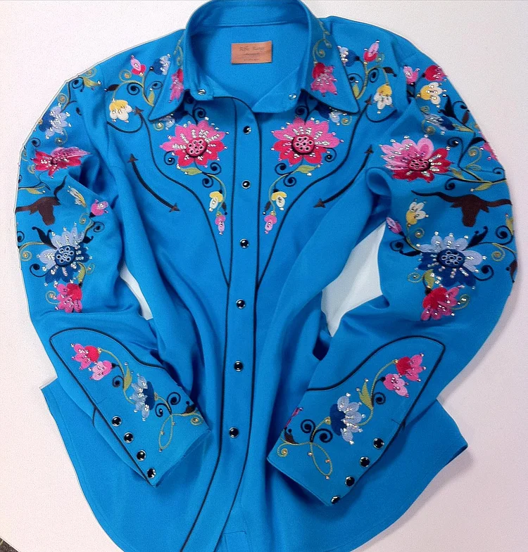 Blue Vintage Western Fort Worth Floral Printed Long Sleeve Women Casual Shirt