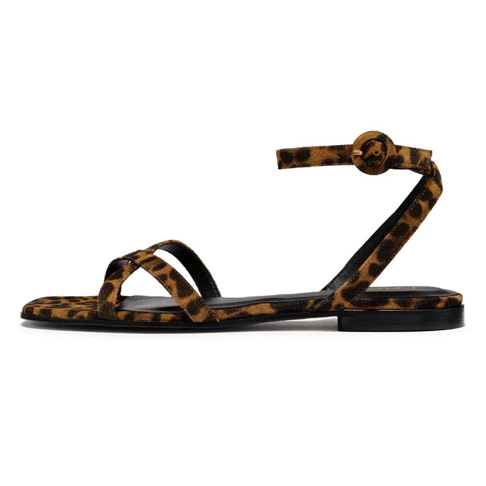 Leopard Print Open Square Toe Strappy Flat Sandals for Women