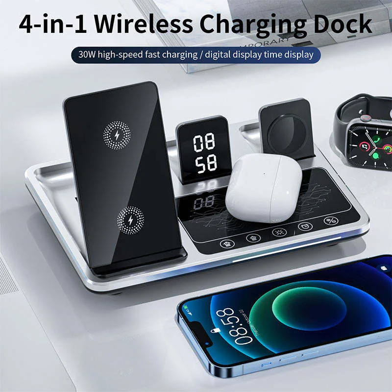 4-in-1 Digital Multifunctional Alarm Clock Stand with Wireless Charger and Lamp for Mobile Phone Use