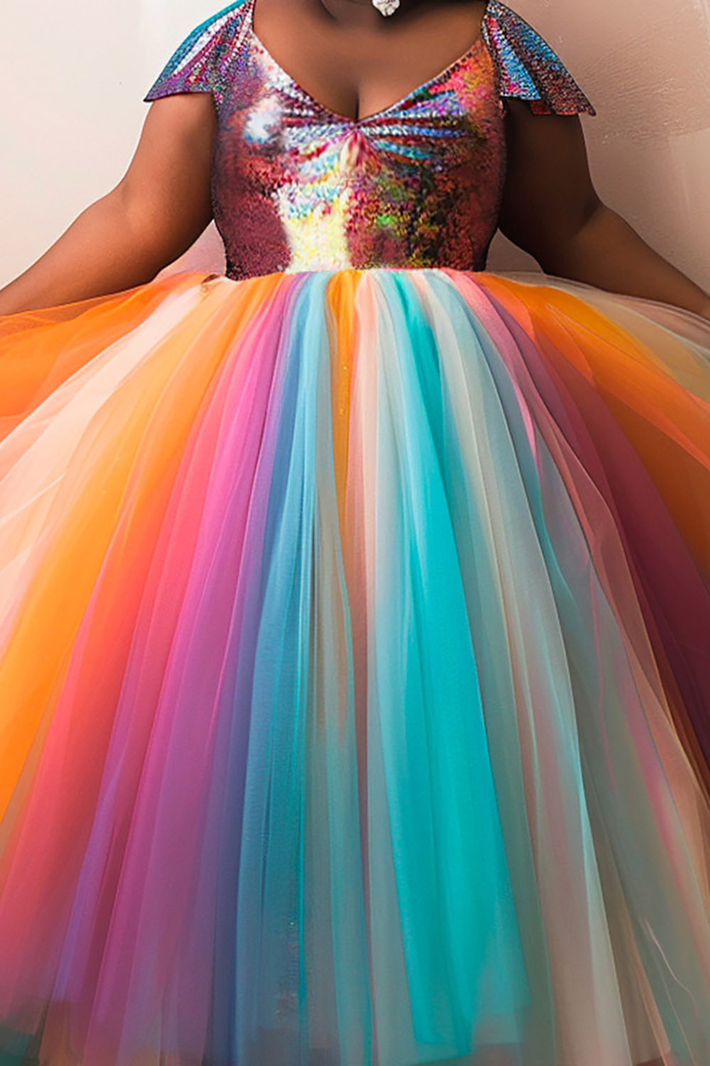 Design Plus Size Vacation Boho Multicolor Colorblock V Neck Short Sleeve Contrast Tulle Maxi Dresses [Pre-Order]