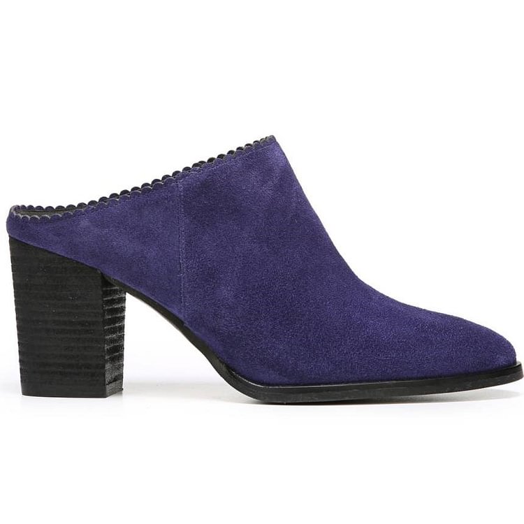Women's Dark Purple Round Toe Mule Heels Block Heels Shoes |FSJ Shoes
